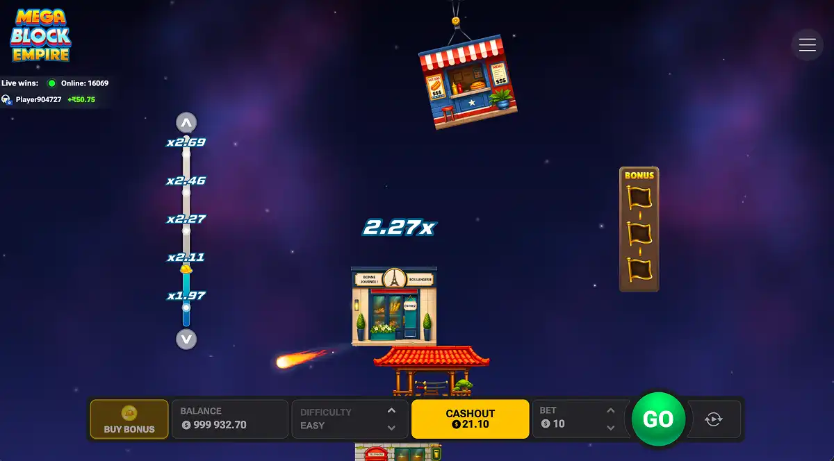 MegaBlock Empire gameplay screenshot stacking blocks high up into space on easy mode
