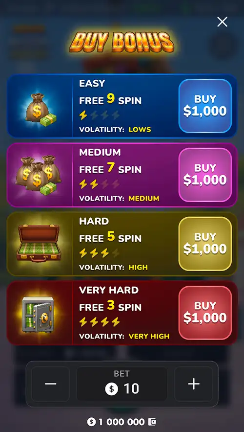 MegaBlock Empire gameplay screenshot showing the bonus buy menu with four game options