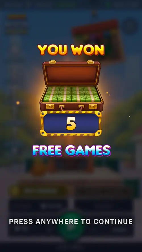 MegaBlock Empire gameplay screenshot showing five free spin games won