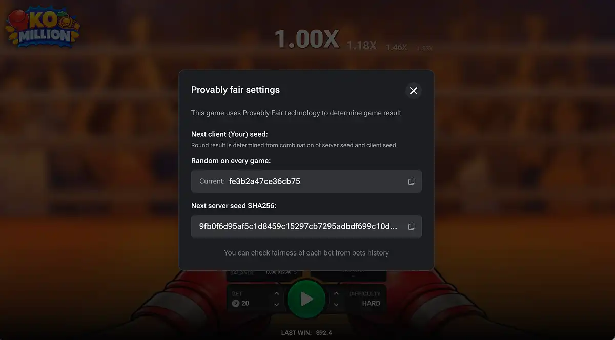 A screenshot showing the KO Million game provably fair settings menu with client seed and server seed