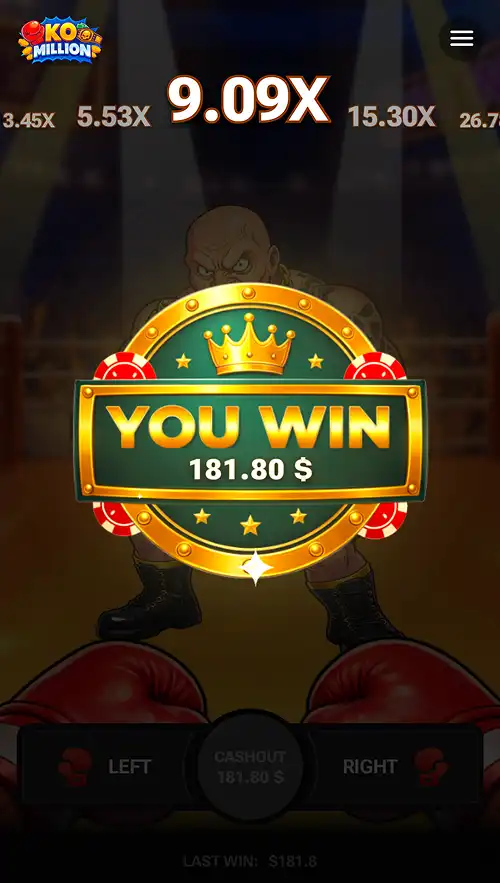 A KO Million gameplay screenshot showing a winning bet cashed out