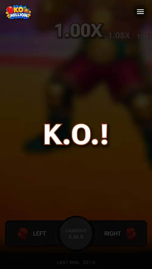 A KO Million gameplay screenshot featuring a losing round with the player knocked out