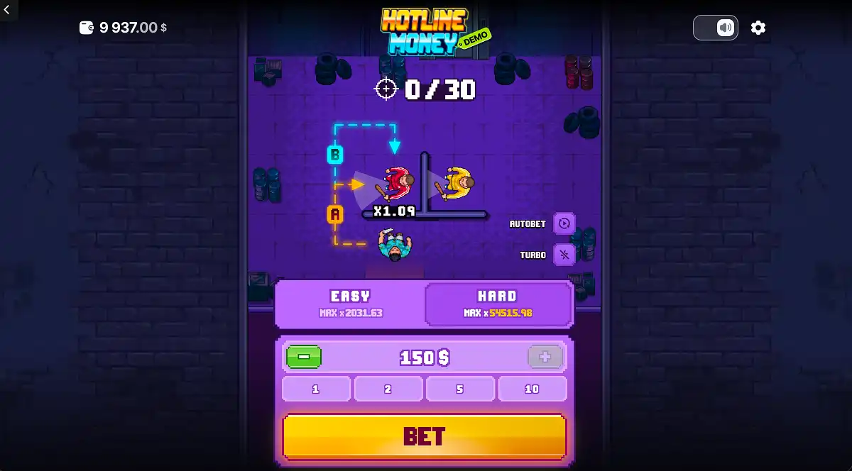A Hotline Money gameplay screenshot waiting for a bet to be placed and Hard mode selected