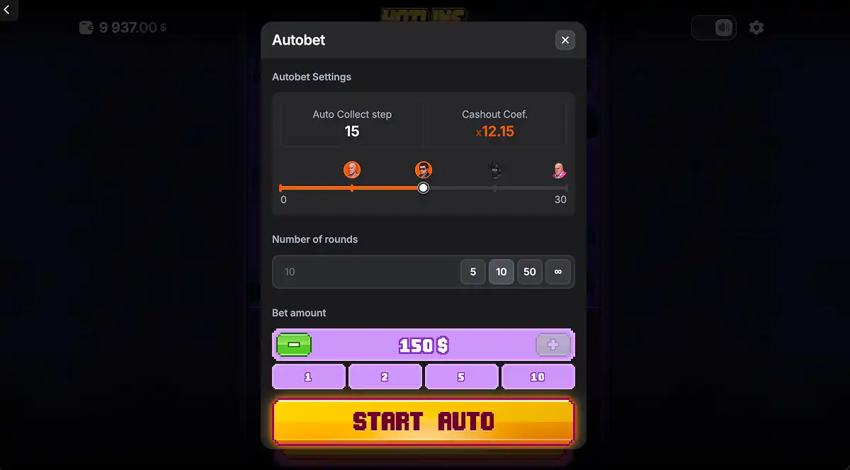 A gameplay screenshot of Hotline Money showing the autobet settings meny, selecting cash out step, number of rounds and bet value