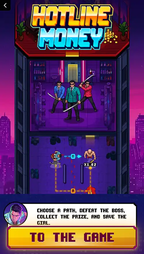 Hotline Money gameplay screenshot showing the pre game movie animation