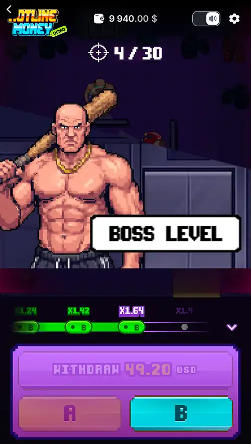 Hotline Money gameplay screenshot introducing a boss level with the room transition animation