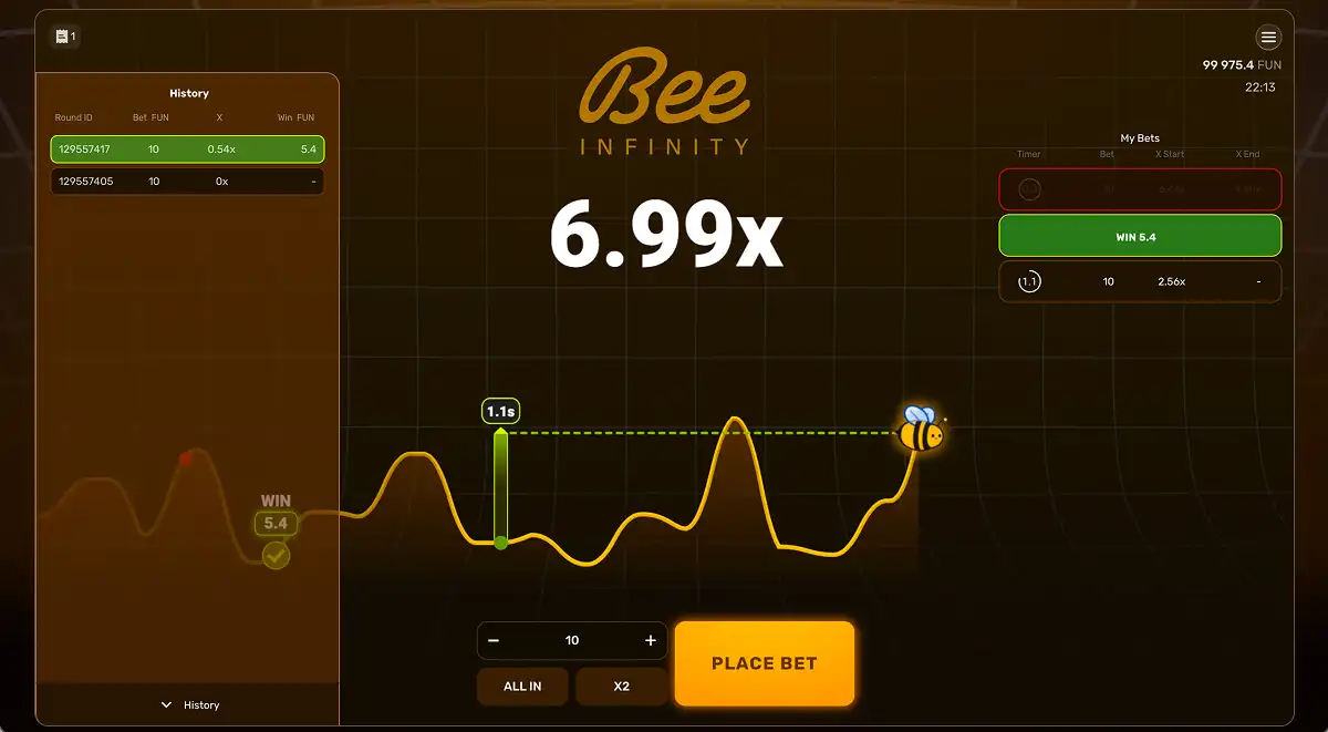 A round of Bee Infinity by Galaxsys with one bet in play with 1.1 seconds left before cashout