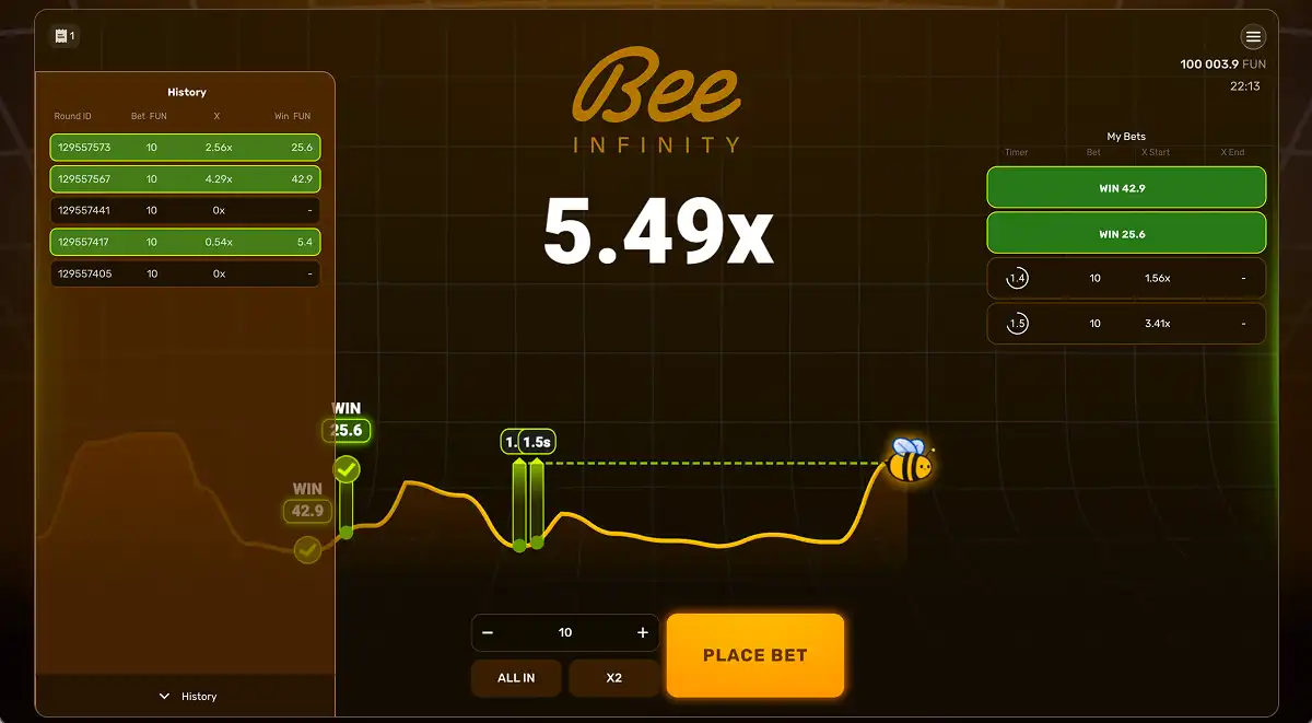 A Bee Infinity screenshot showing two bets still live with two winning bets cashed out already