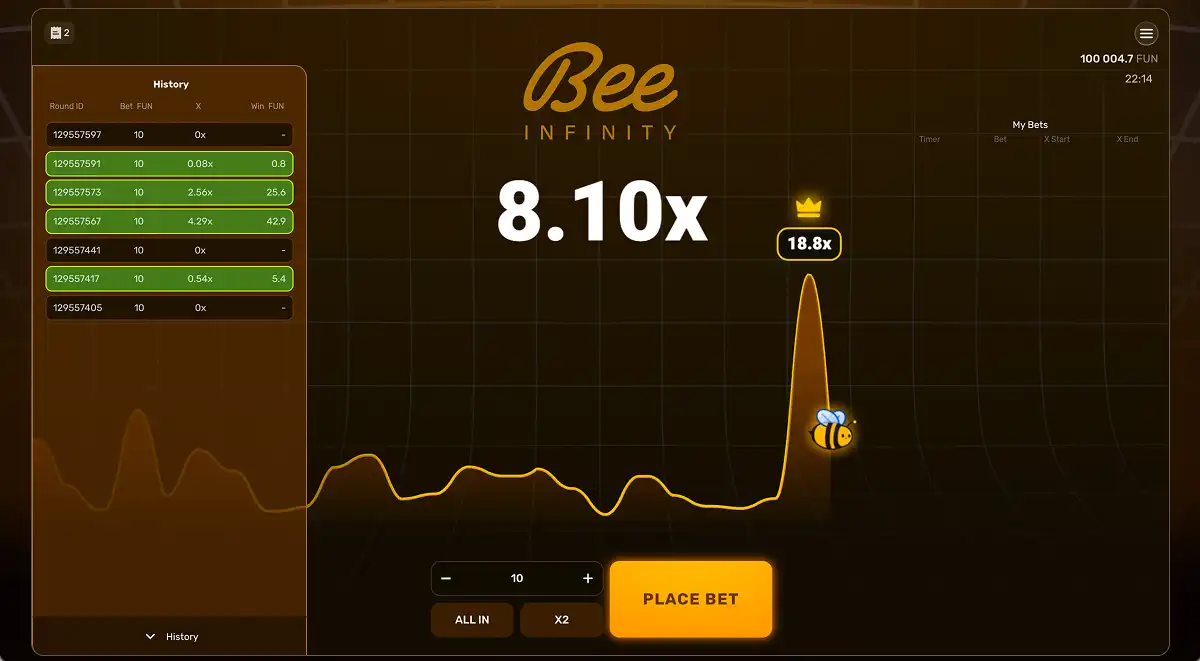 A Bee Infinity screenshot with a large multiplier target reached as the bee flies up