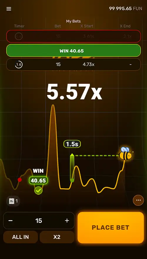A Bee Infinity mobile gameplay screenshot showing winning bets cashed out