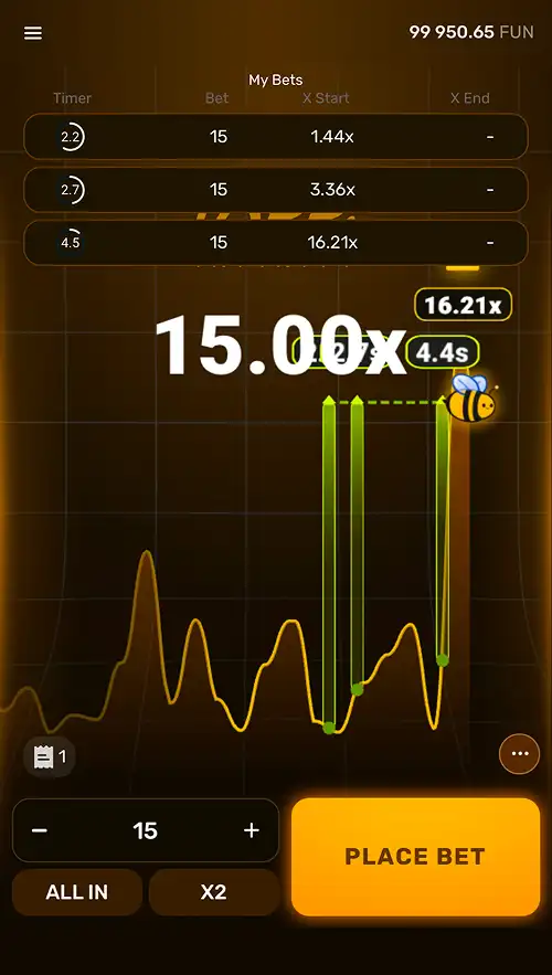 A Bee Infinity gameplay screenshot on mobile showing a large multiplier reached by the bee