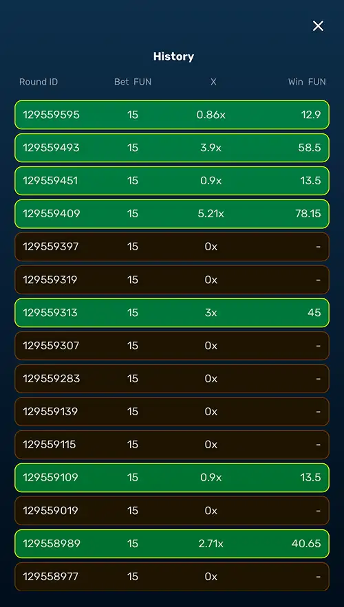 A Bee Infinity screenshot on mobile showing the player bet history and round results