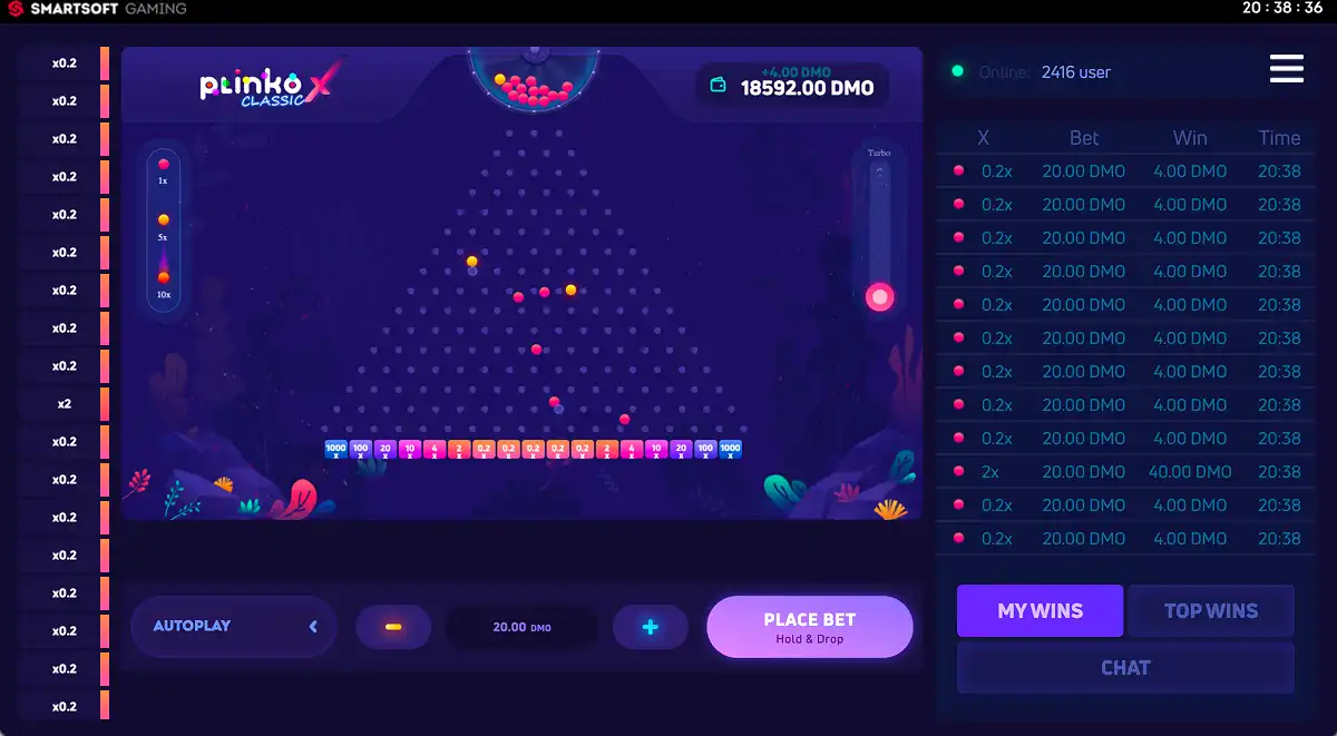A screenshot of Plinko X Classic showing a boosted ×5 multiplier ball bouncing down the pyramid