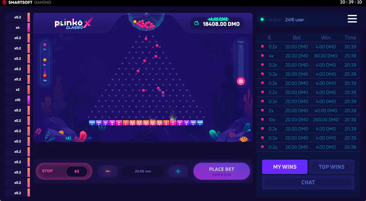 A Plinko X Classic gameplay screenshot showing autoplay active and balls dropping down the pyramid