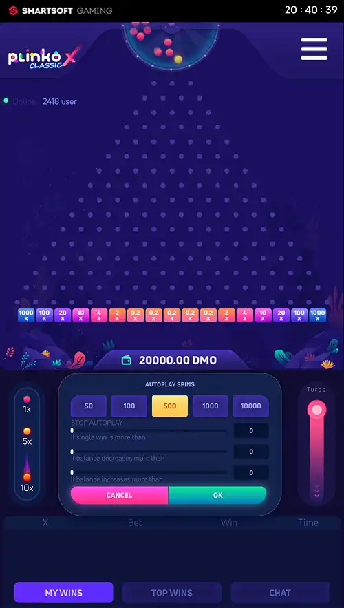 A mobile gameplay screenshot of Plinko X Classic showing the open autoplay settings menu