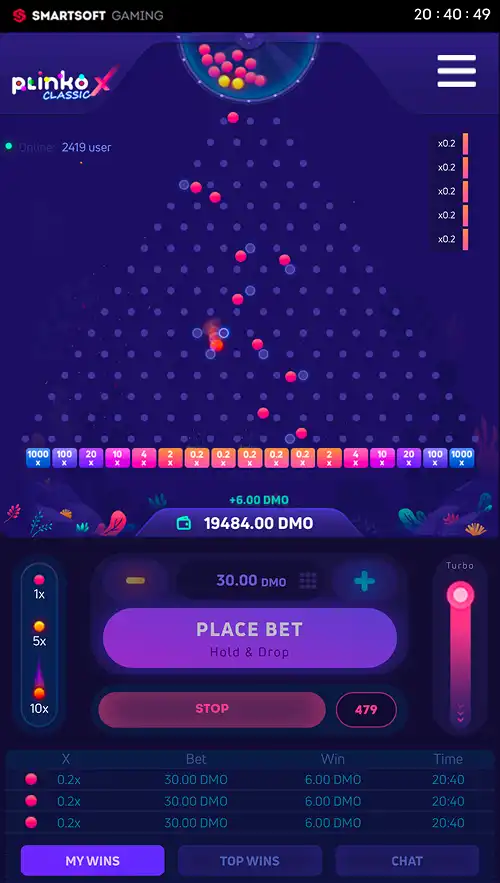 A mobile gameplay screenshot of Plinko X Classic with a boosted multiplier ball bouncing down the pyramid
