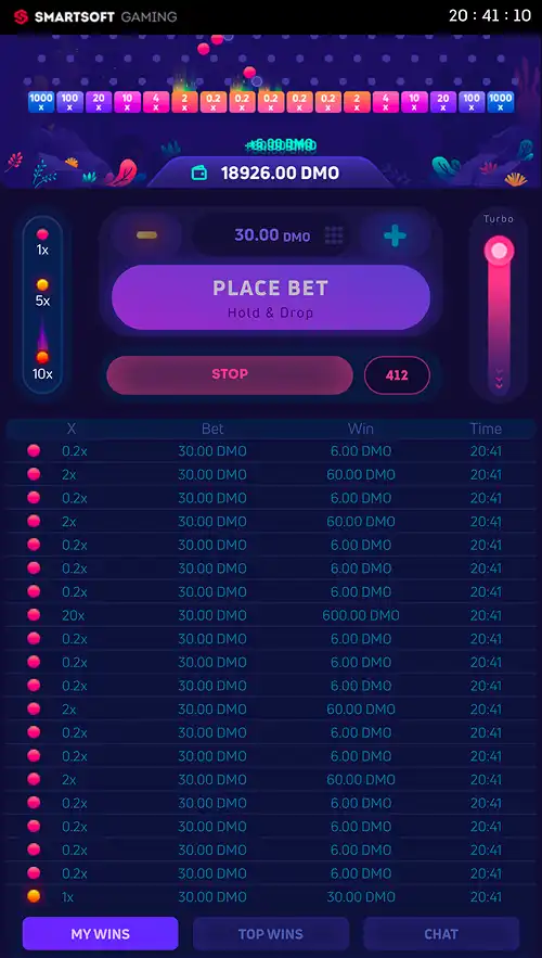 A mobile screenshot of Plinko X Classic showing the player bet history menu