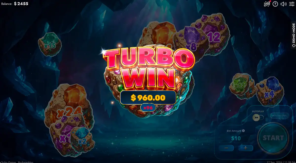 A gameplay screenshot of Jewel Clicker Rockageddon showing the maximum win amount of 96 times the bet