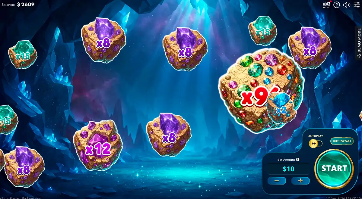 A gameplay screenshot of Jewel Clicker Rockageddon showing the floating rocks with varied multiplier value labels