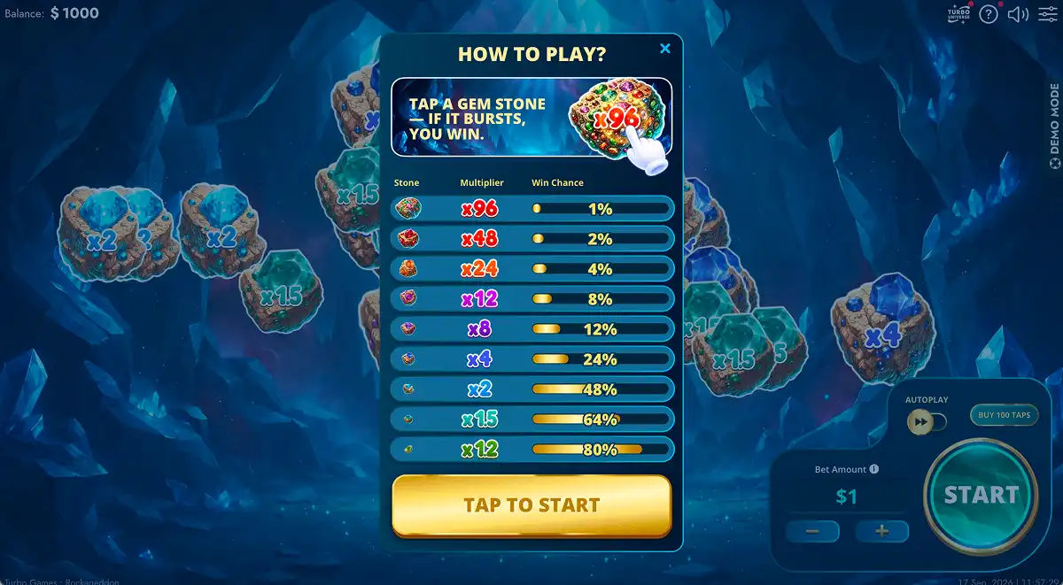 A gameplay screenshot of Jewel Clicker Rockageddon showing the full paytable information