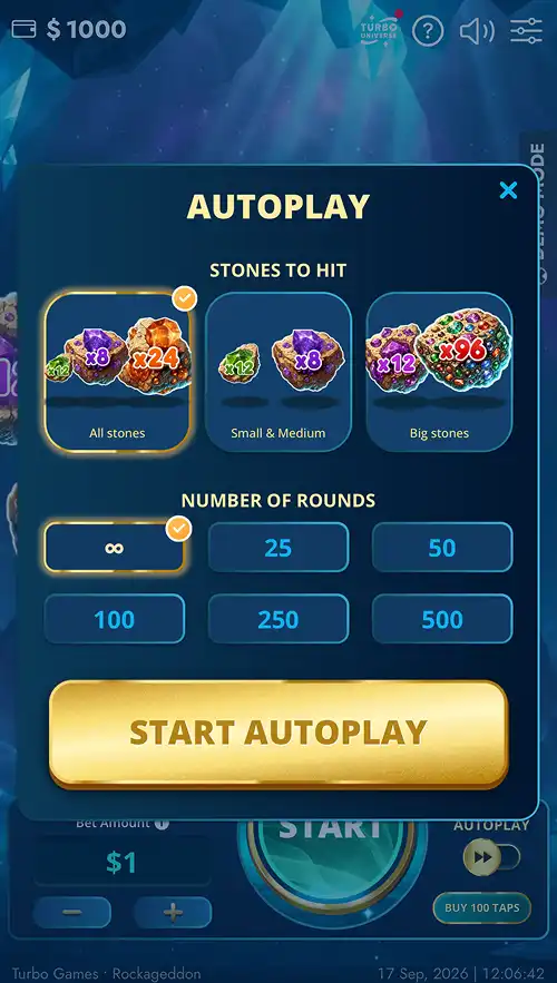 A gameplay screenshot of Jewel Clicker Rockageddon showing the autoplay settings menu