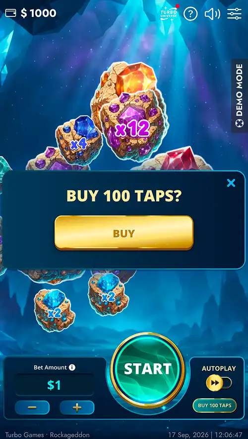 A gameplay screenshot of Jewel Clicker Rockageddon showing the buy 100 taps feature menu