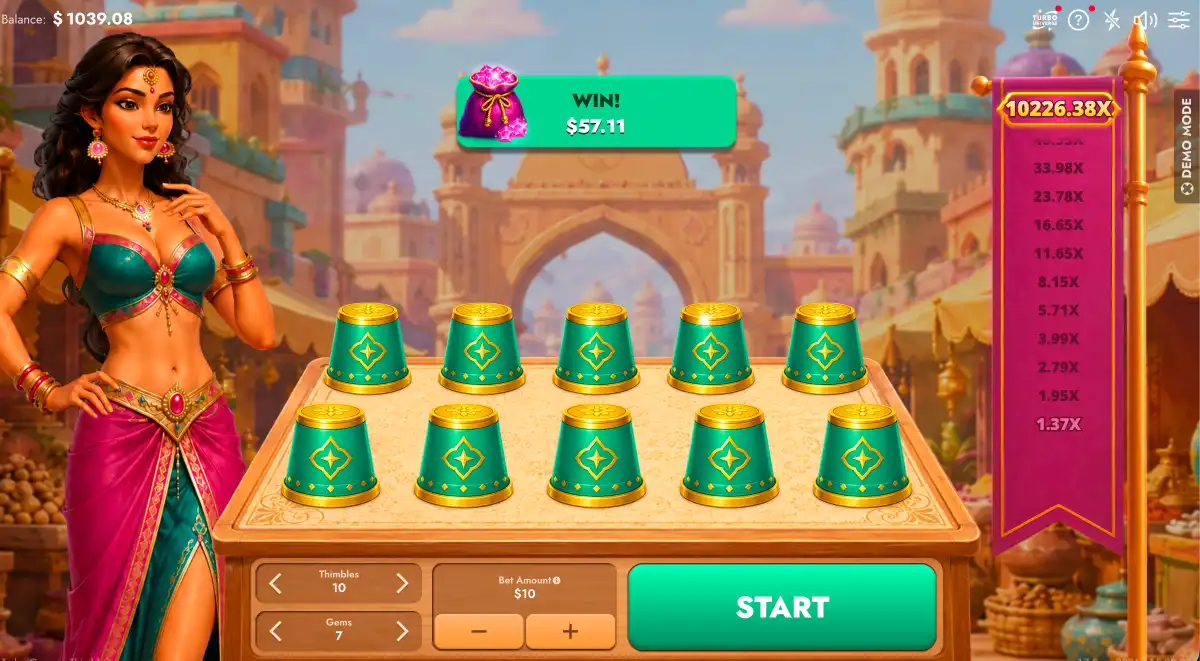 A Thimbles 10000 screeshot showing the progressive win multiplier cashed out to collect the profit