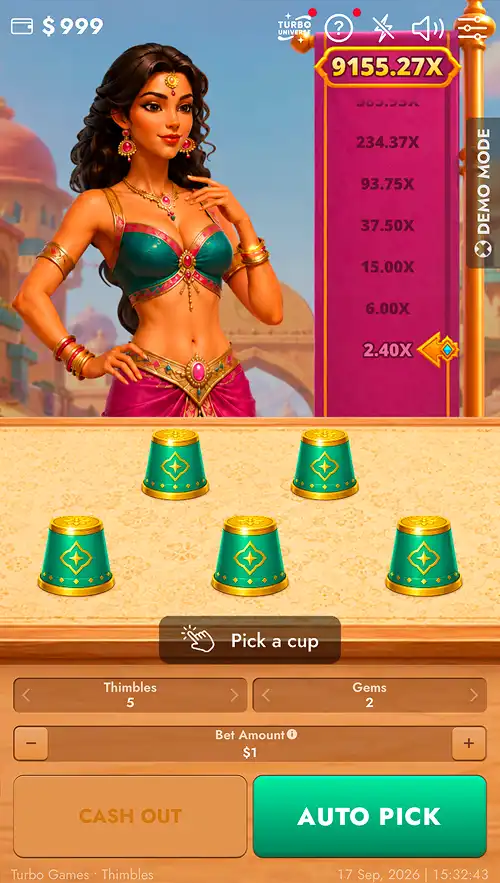 A screenshot of Thimbles 10000 waiting to make a pick with an active bet