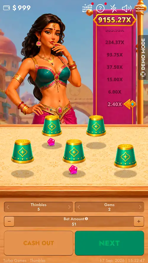 A Thimbles 10000 screenshot showing a losing bet where no gem was under the thimble