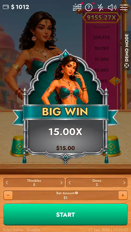 A Thimbles 10000 screenshot featuring a big win