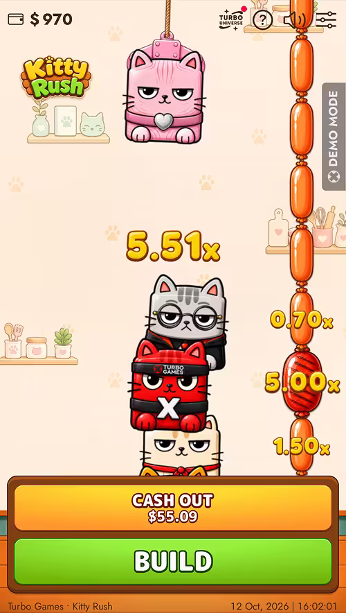 A gameplay screenshot of Kitty Rush by Turbo Games stacking a tower of cats and unlocking win multipliers