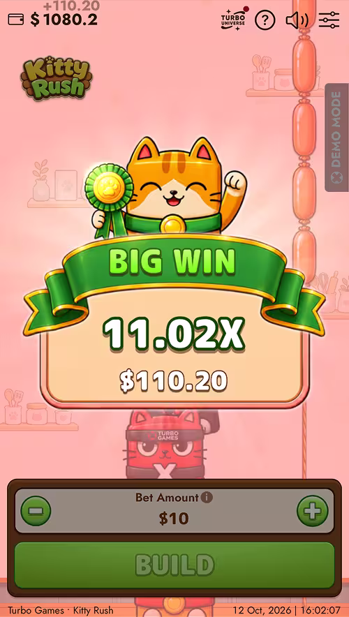 A gameplay screenshot of Kitty Rush by Turbo Games with a big win game round