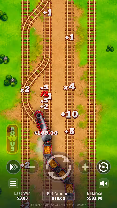 A gameplay screenshot of Vault Express by Turbo Games featuring the train collecting multipliers mid round