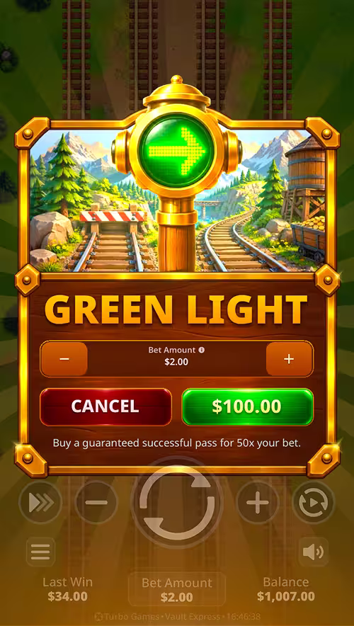 A gameplay screenshot of Vault Express by Turbo Games featuring the green light bonus buy menu