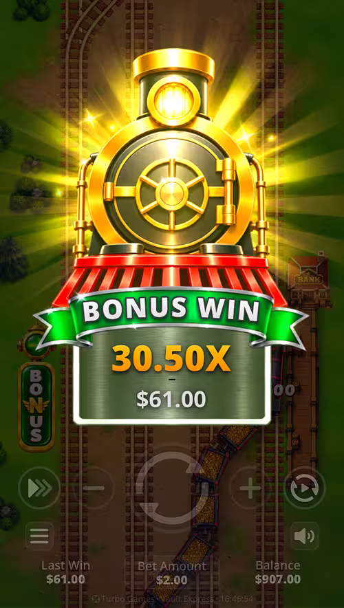 A gameplay screenshot of Vault Express by Turbo Games featuring a bonus round win result