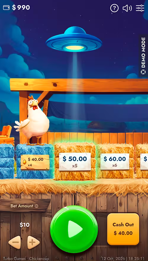 A gameplay screenshot of Chicken Zap by Turbo Games hopping across hay bales collecting win multipliers