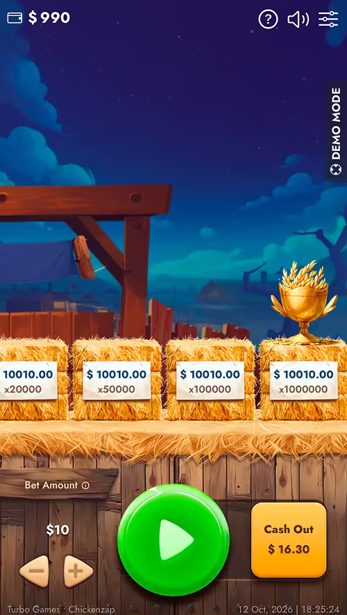 A gameplay screenshot of Chicken Zap by Turbo Games showing the max win multiplier for mad difficulty mode