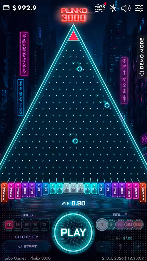 A gameplay screenshot of Plinko 3000 by Turbo Games showing plinko balls dropping down the pyramid on 20 rows setting
