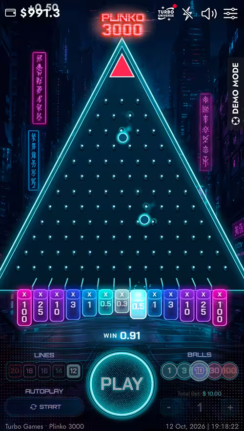 A gameplay screenshot of Plinko 3000 by Turbo Games playing on the 12 rows setting