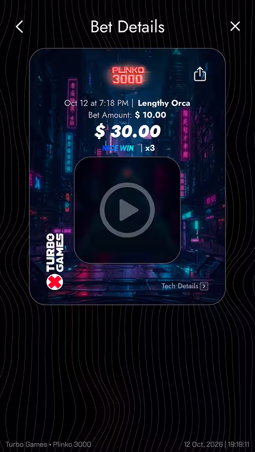 A gameplay screenshot of Plinko 3000 by Turbo Games featuring the sharable round history card