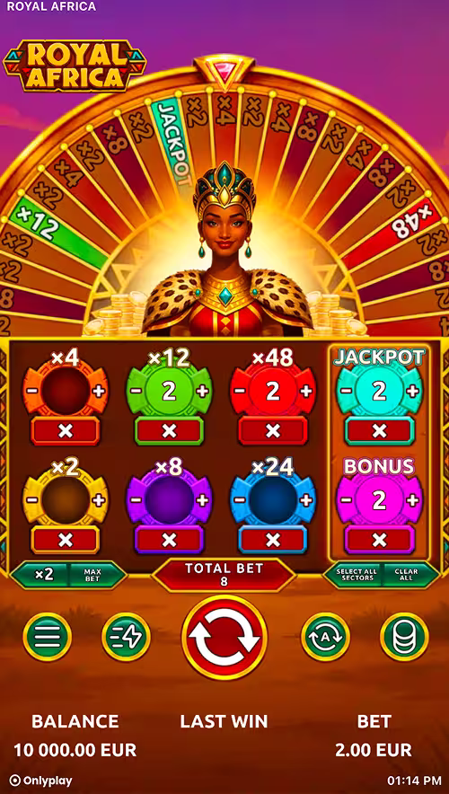 A gameplay screenshot of Royal Africa by Onlyplay showing the player staking bets on wheel segments