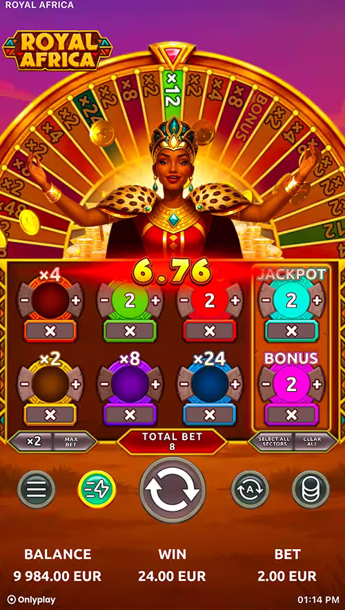 A gameplay screenshot of Royal Africa by Onlyplay showing a winning bet on x12 segment