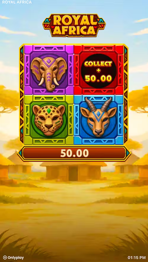 A gameplay screenshot of Royal Africa by Onlyplay featuring the pick and win bonus game