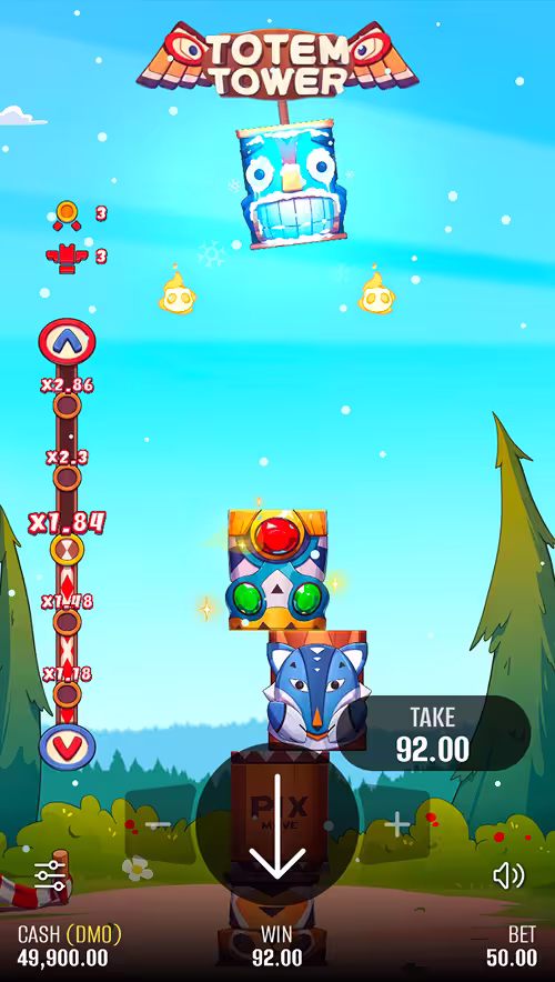 A gameplay screenshot of Totem Tower by Pixmove showing the player stacking blocks into a tower