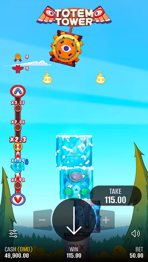 A gameplay screenshot of Totem Tower by Pixmove showing the frozen block feature