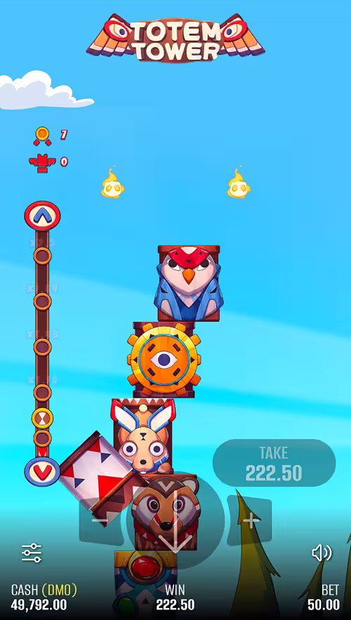A gameplay screenshot of Totem Tower by Pixmove featuring a losing bet with the tower tumbling down