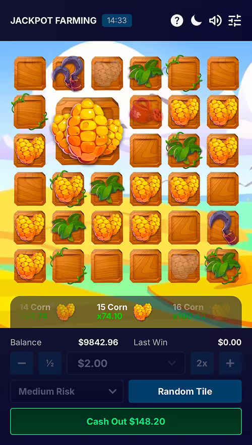 A gameplay screenshot of Jackpot Farming by BuzzTapBetting showing a game mid round on Medium risk mode