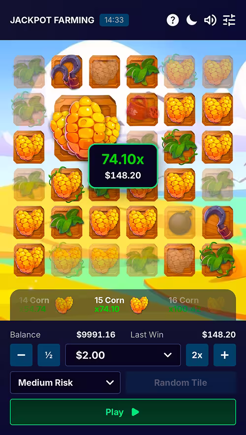 A gameplay screenshot of Jackpot Farming by BuzzTapBetting showing a winning bet cashed out