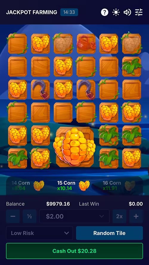 A gameplay screenshot of Jackpot Farming by BuzzTapBetting with night mode turned on and playing on Low risk setting