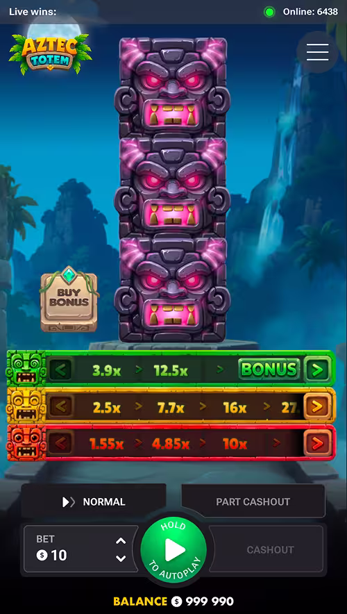 A gameplay screenshot of Aztec Totem by InOut Games with black faces revealed after the spin